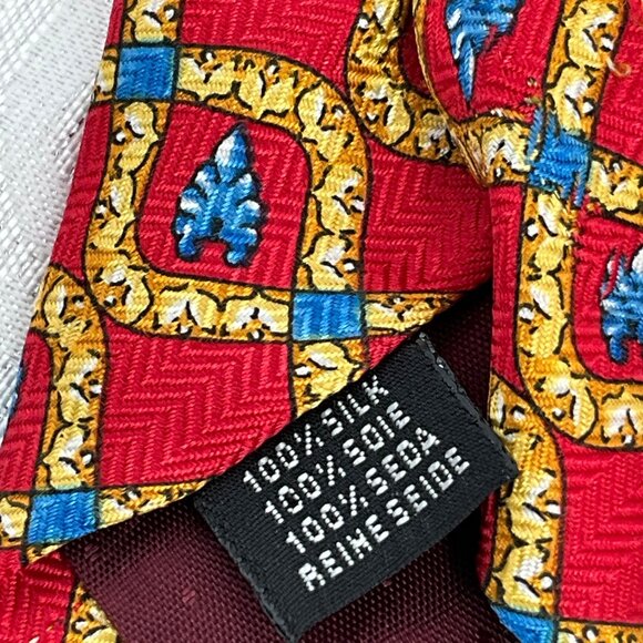 Giampiero Valenti Mens 100% Silk‎ Red & Gold Geometric Pattern Tie Made In Italy - Picture 4 of 4